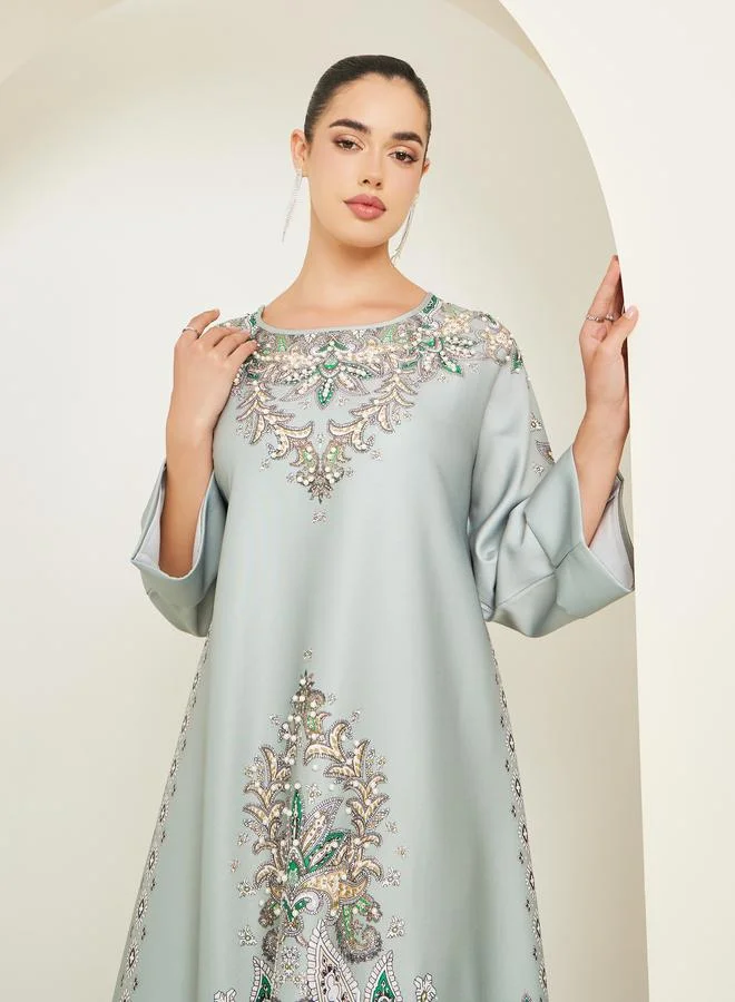 Amirah Women Green Embellished Long Sleeve Jalabiya